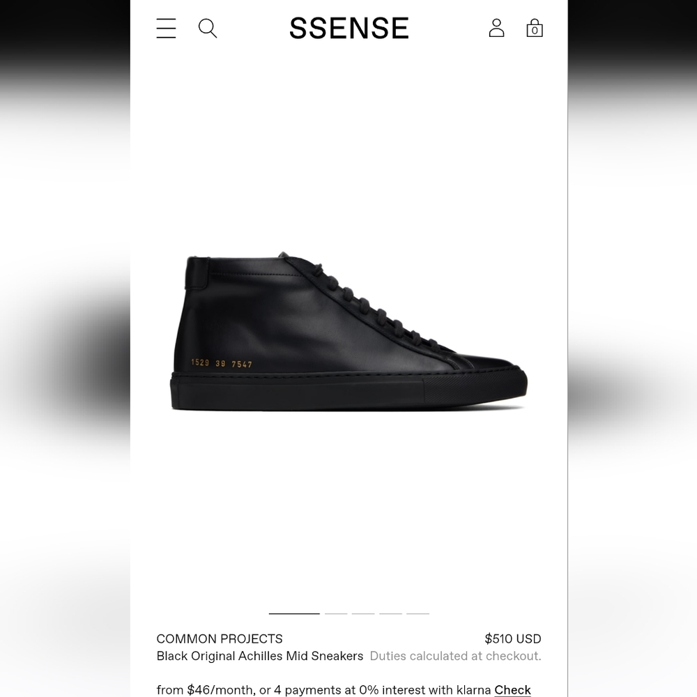 Common Projects Black Leather Achilles Mid High Top Sneakers Shoes $510 Sz 38